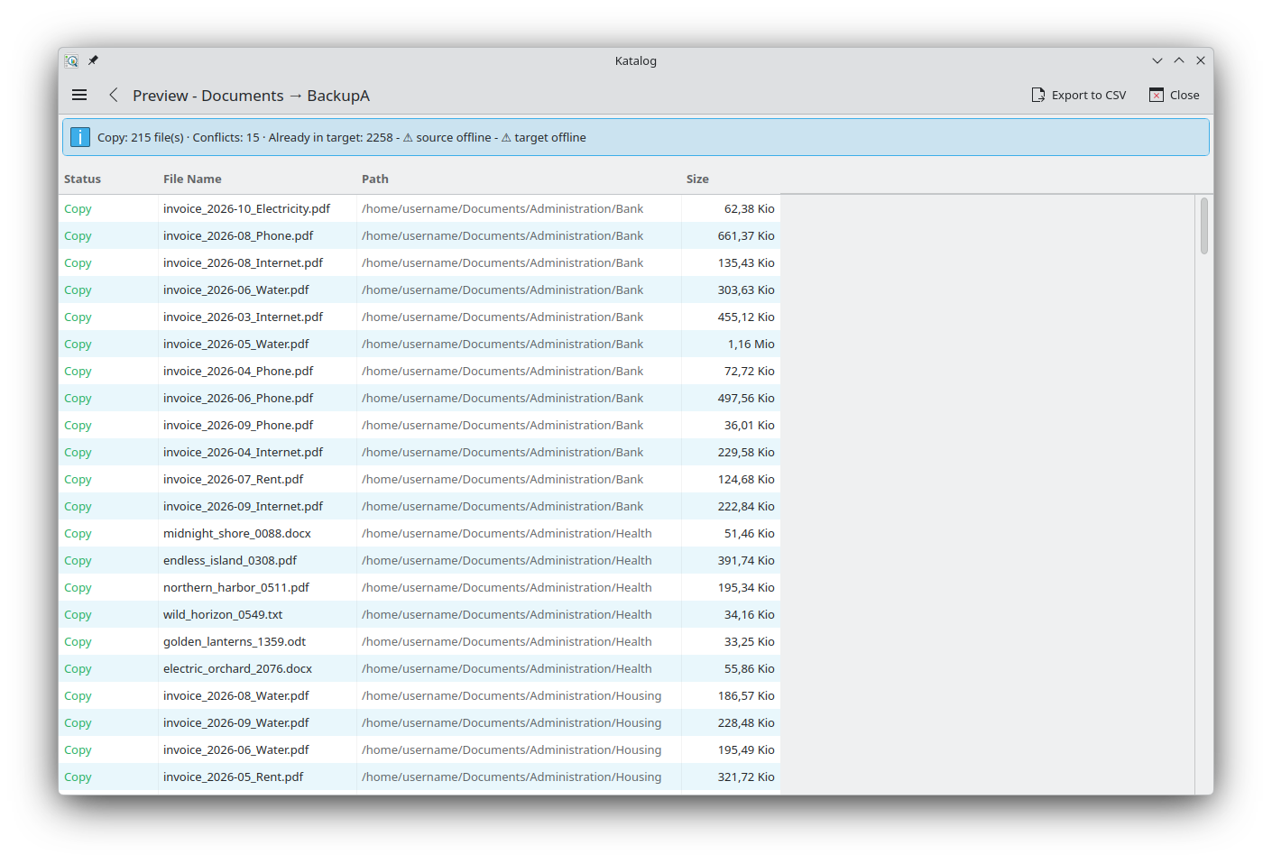 Backup preview: summary, space check and list of files