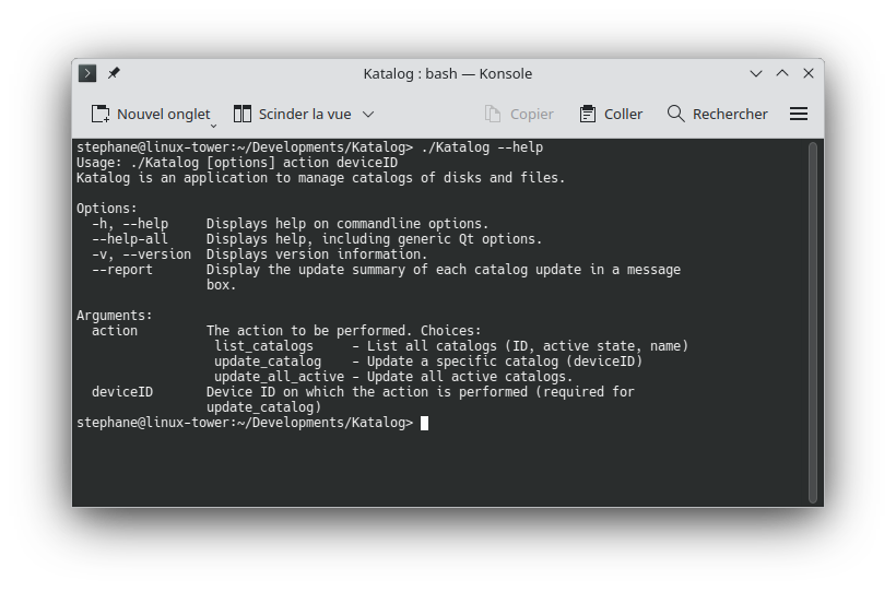 Command line help output showing available actions and options