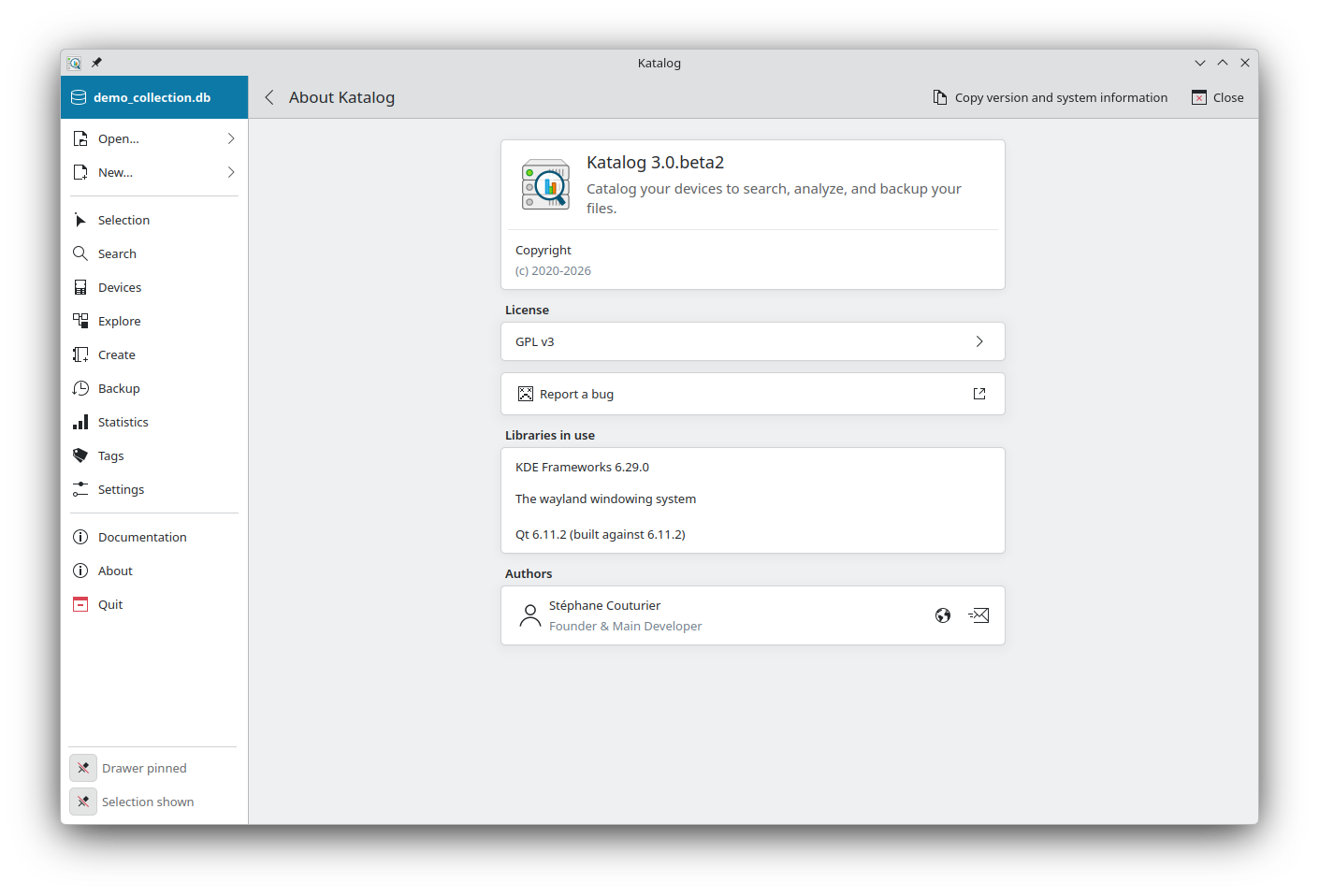 About page with the "Copy version and system information" action