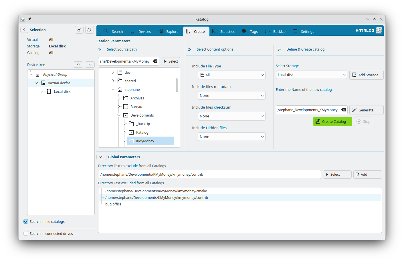 Global exclude directories list showing example entries