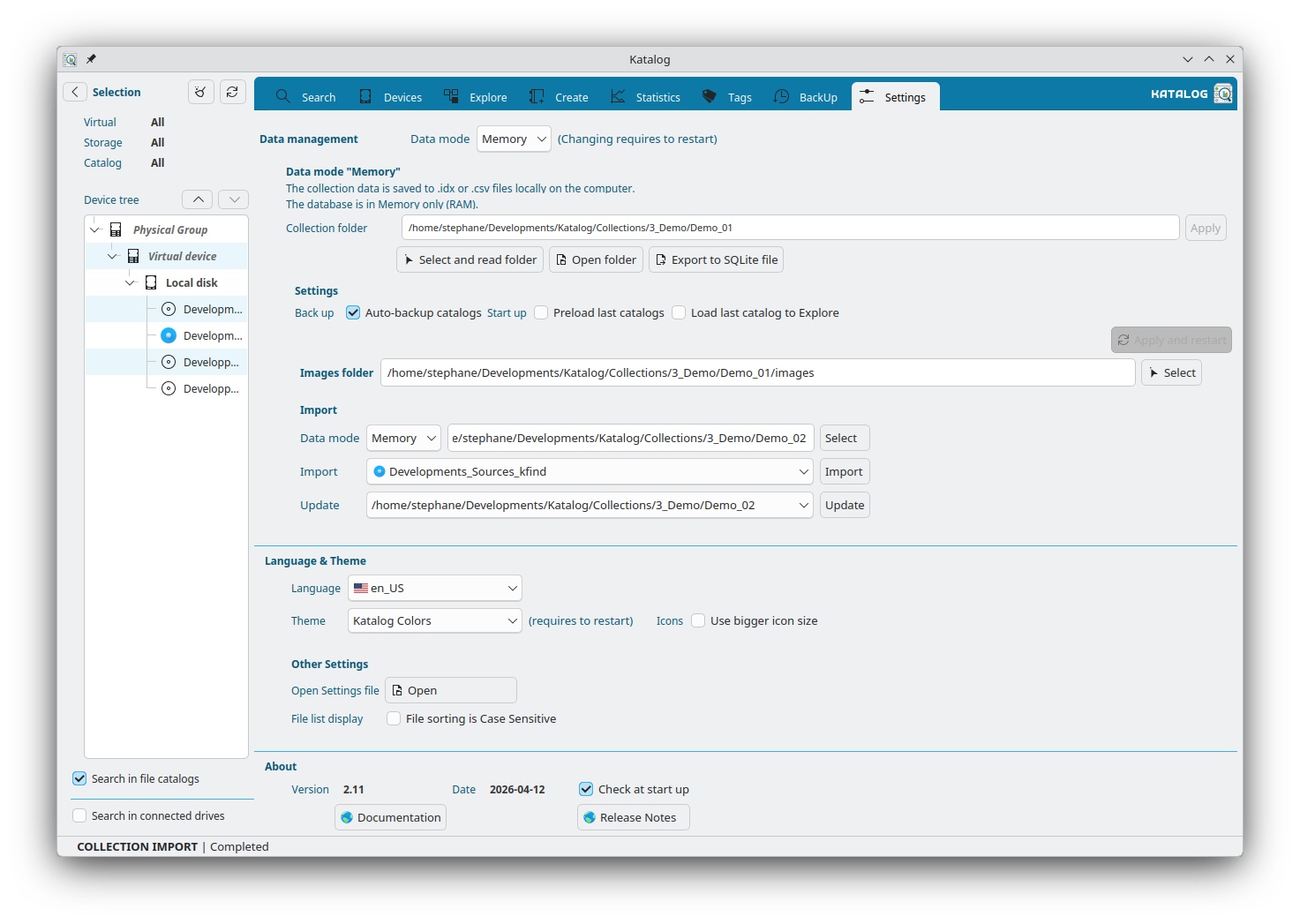 Settings page showing the an example of imported collection