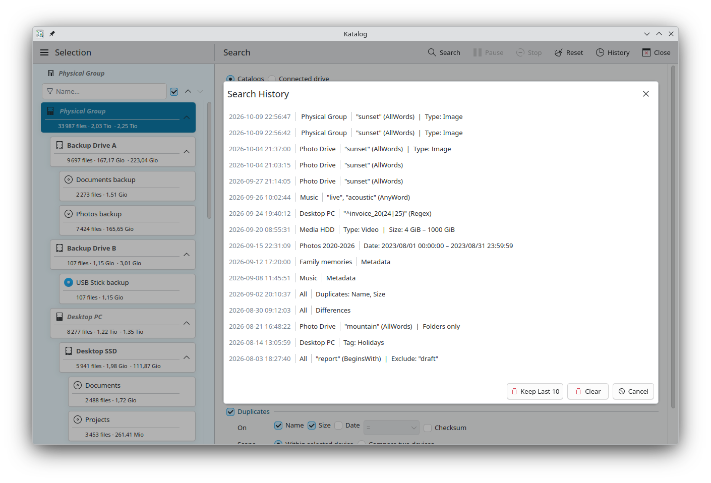 Search history: past searches with their date, device and criteria