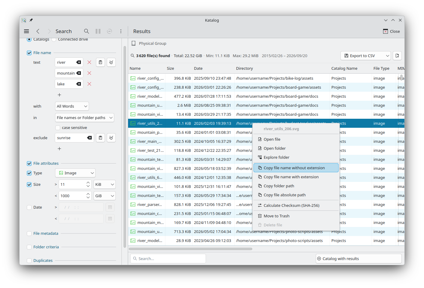 Results page: summary line, list of files found, filters at the bottom