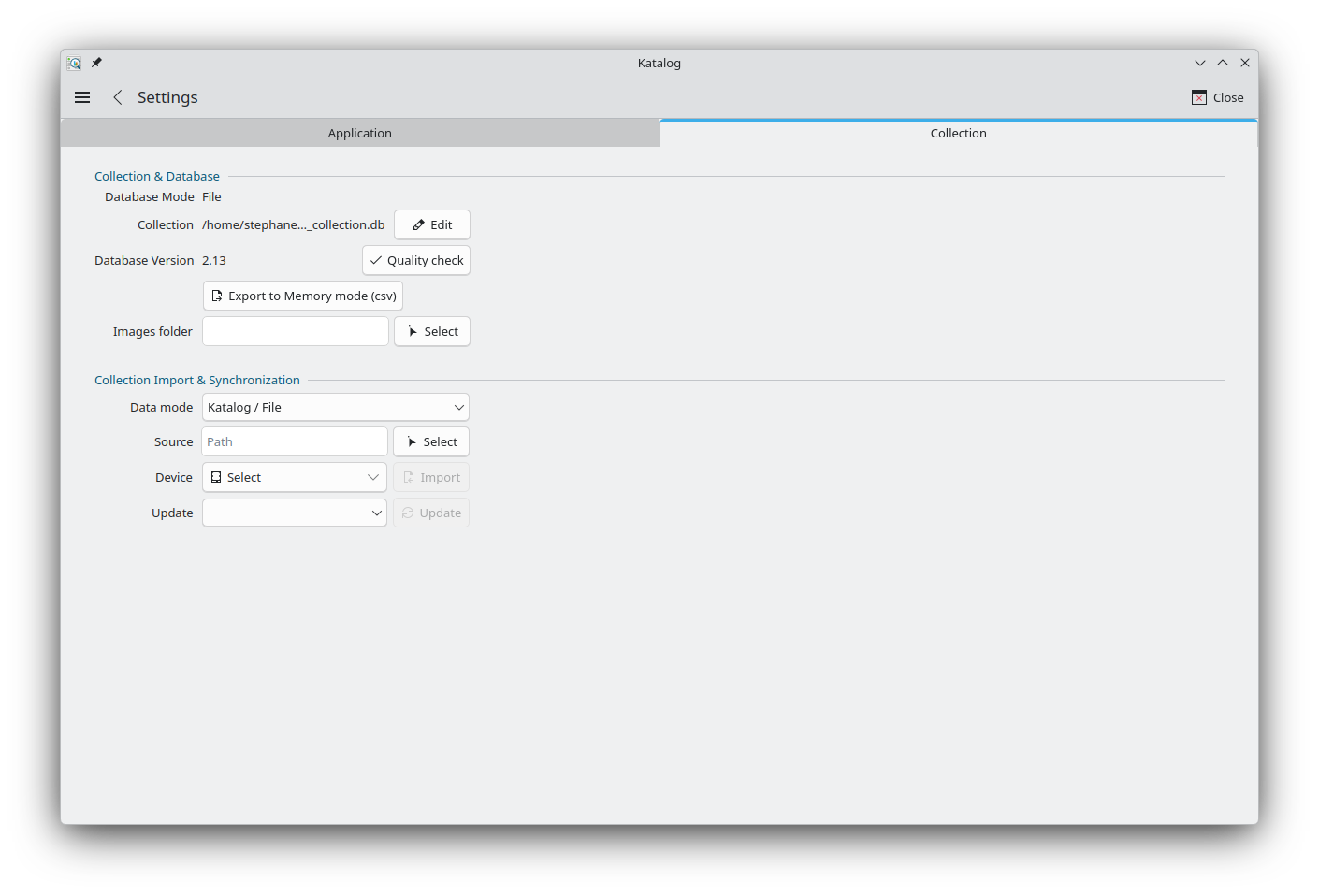 Settings page, Collection tab: Collection & Database section, demo collection in File mode