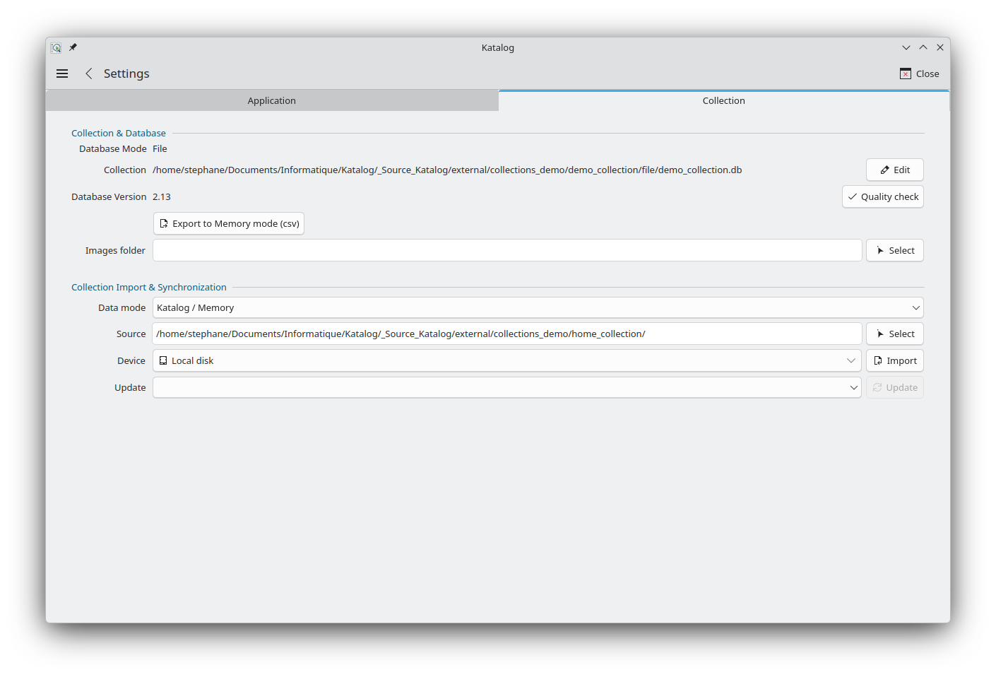 Import section with a source collection selected, a device chosen in the source tree, and the import report