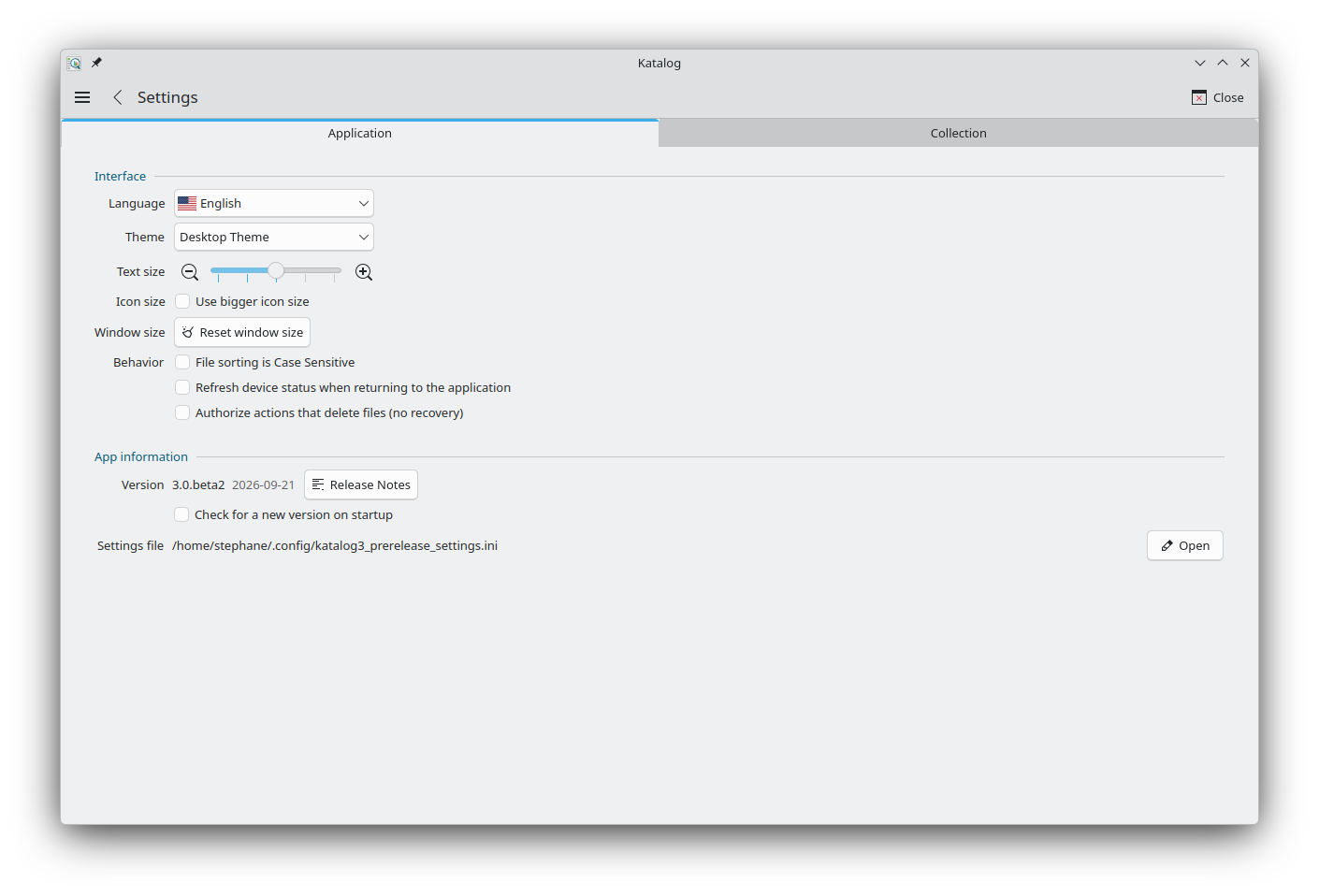Application tab: version, language, theme, text size, Reset window size and behavior options